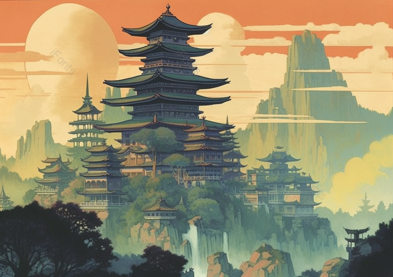 山脉高大古塔国风古代繁华建筑傍晚祥云壮观新中式插画,插画/手绘图,插画/手绘图库,插画/手绘图下载,插画/手绘